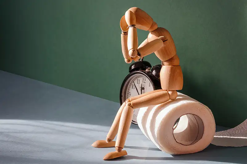 wooden man sitting on toilet paper roll